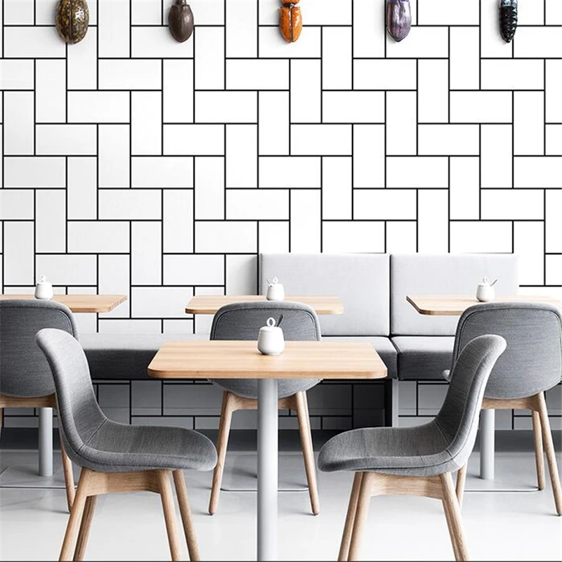 wellyu Nordic style wallpaper ins white brick clothing store black and plaid wall paper tea modern minimalist | Обустройство дома