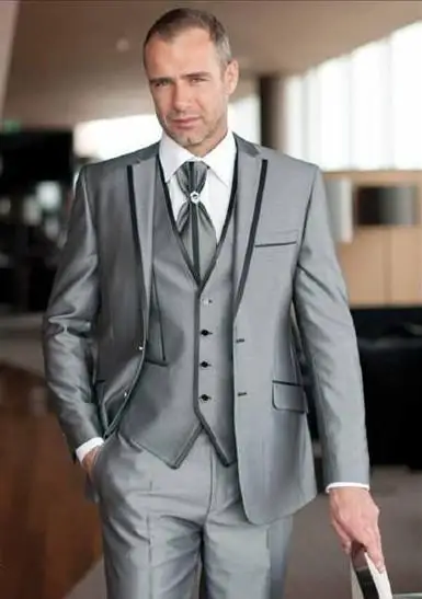 High quality Two Buttons Light Grey Groom Tuxedos Notch Lapel Wedding Men's Suit Bridegroom Suits(Jacket+Pant+vest+tie)