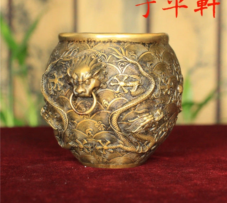 

Tibet Bronze Two Dragon Fireball Lion head Buddhism Bowl crock incense burner