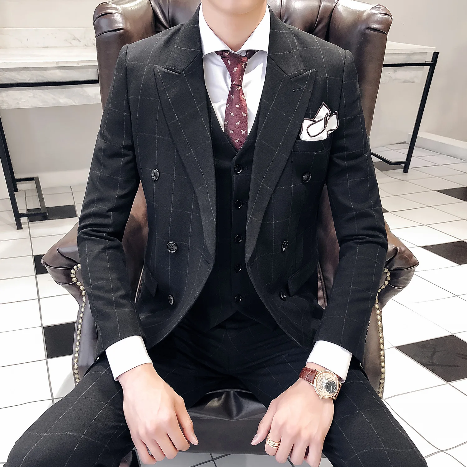 

Costume Homme Slim Fit Plaid Double-breasted 3-Piece Suit Blazer Dress Male Business Wedding Party Jacket Vest & Pants