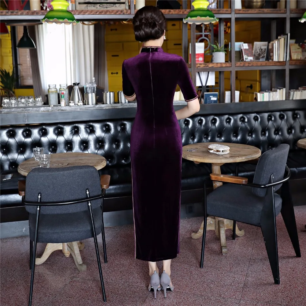 Шанхай история осень Бархат Qipao Цветочная вышивка китайское традиционное платье