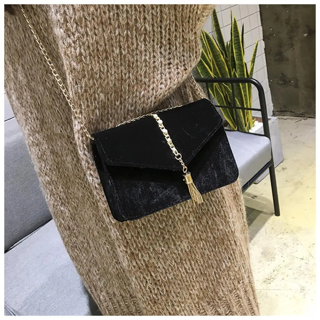 Women Fashion Solid Mini Flap Velvet One Shoulder Bag Metal Chain Snap Button Casual Party Wedding Cocktail Tassel Hard | Багаж и сумки