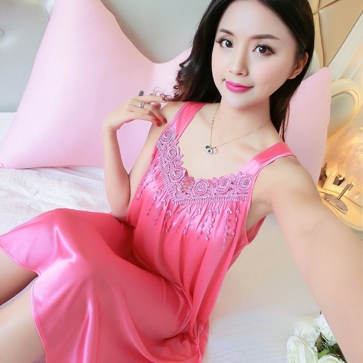 Silk satin nightgown 5XL Летняя шелковая ночная рубашка женская однотонная Пижама Женская атласная кружевная ночная рубашка шелковая сексуальная ночная рубашка женское домашнее платье для сна L-3XL 4XL - Цвет: Silk satin nightgown