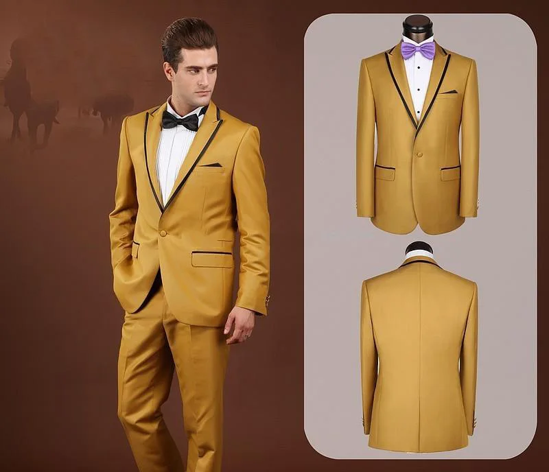 Custom Made Mens Fashion Slim Fit Suits Gold Peak Lapel Mens Wedding Grooming Suits High Quality Business Fashion Suits Ternos