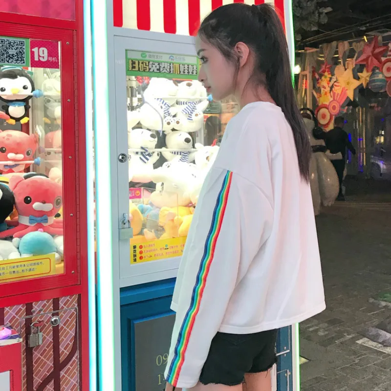 Милая Радужная полосатая футболка с вышивкой для девочек Harajuku модные женские