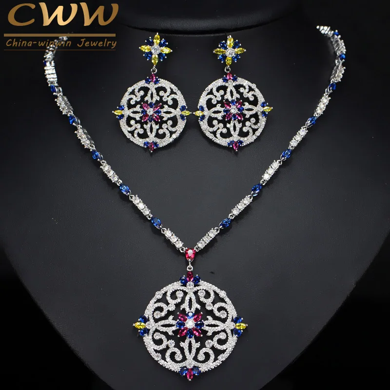 colorful CWWZircons Винтаж африканских Multi Цвет кубического циркония свадьбы большой длинный падения Цепочки и ожерелья и серьги Свадебный комплект украшений T105 - Окраска металла: colorful