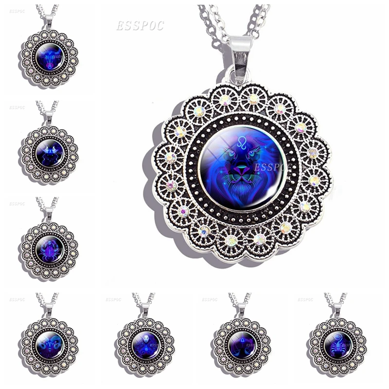 12 Constellation Necklace Silver Plated Women Glass Cabochon Charm Pendant Twelve Zodiac Sing Jewelry | Украшения и аксессуары