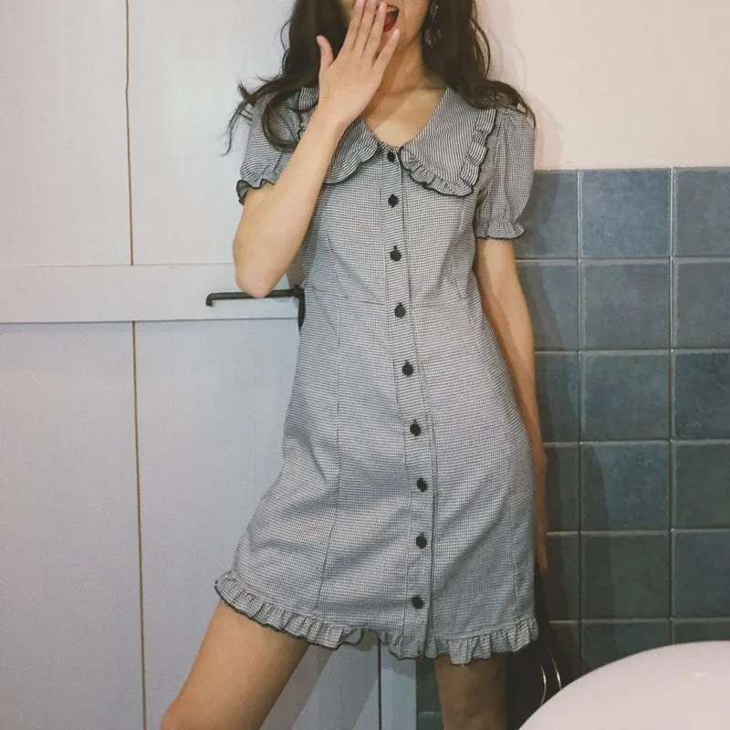 Летнее женское пляжное платье Kawaii в черно-белую клетку с оборками винтажное