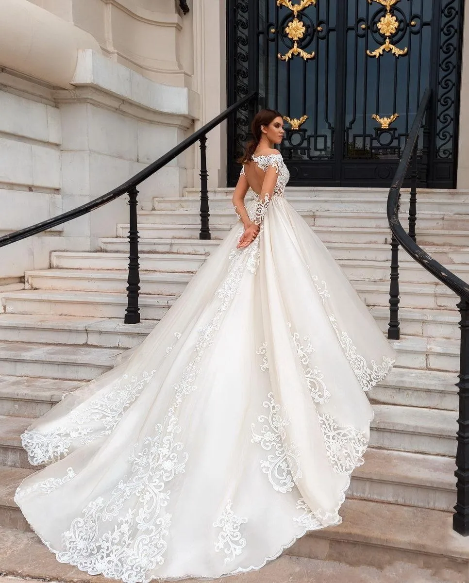 Gorgeous Wedding Gowns Long Sleeves Illusion Major Embroideries Chapel Train Tulle Bridal Gown Backless vestido de noiva sereia | Женская