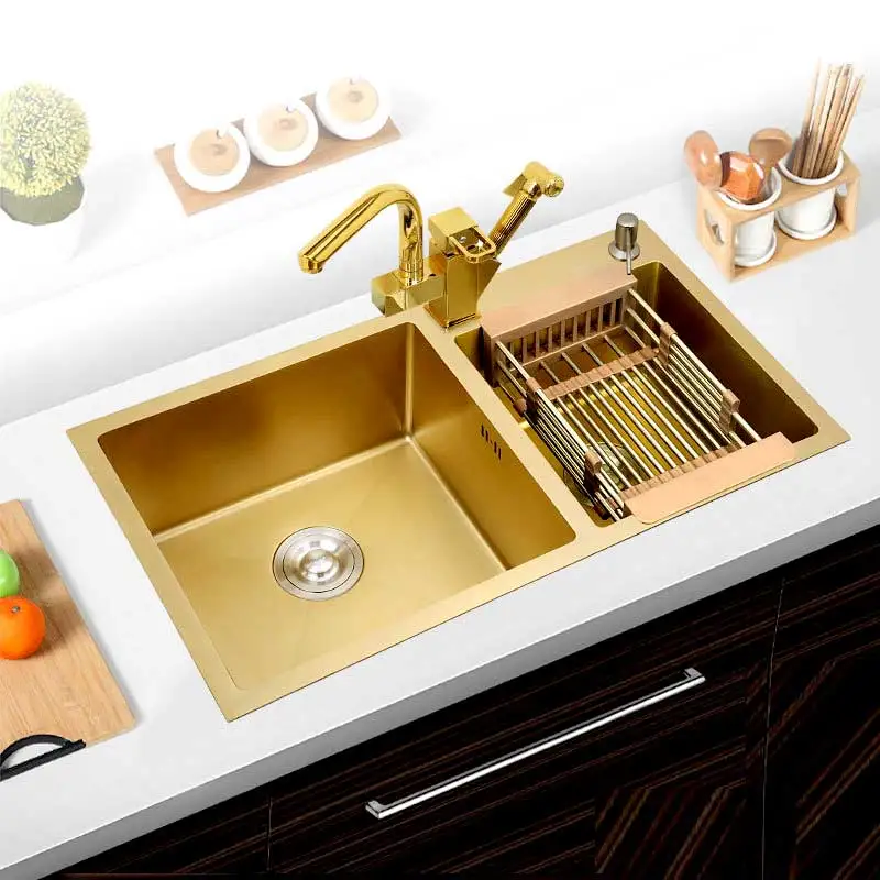 304Stainless Steel Kitchen Sinks Gold Hand-thickened 4mm Double Bowl with tap Above Counter Nano-coating Vegetable Washing | Обустройство