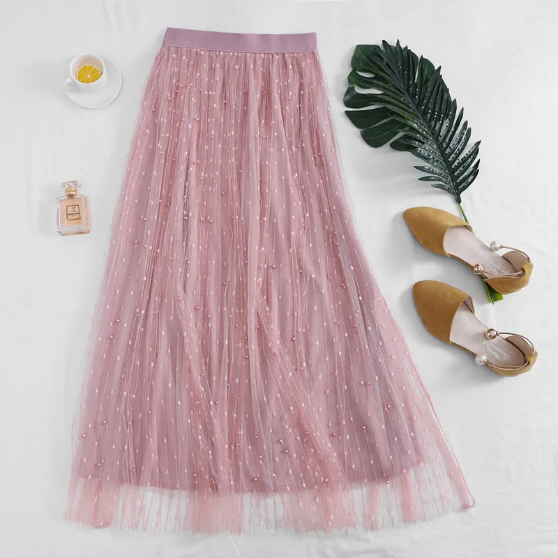 pink New Korean Skirts Womens Tulle Skirt Beaded Fashion Wild Big Swing Star Mesh Skirt High Waist Pleated Saias Plus Size - Цвет: pink