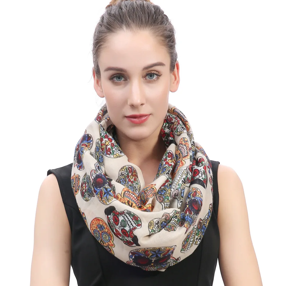 Женский шарф Infinity Circle мягкий легкий с разноцветным принтом сахарного черепа на
