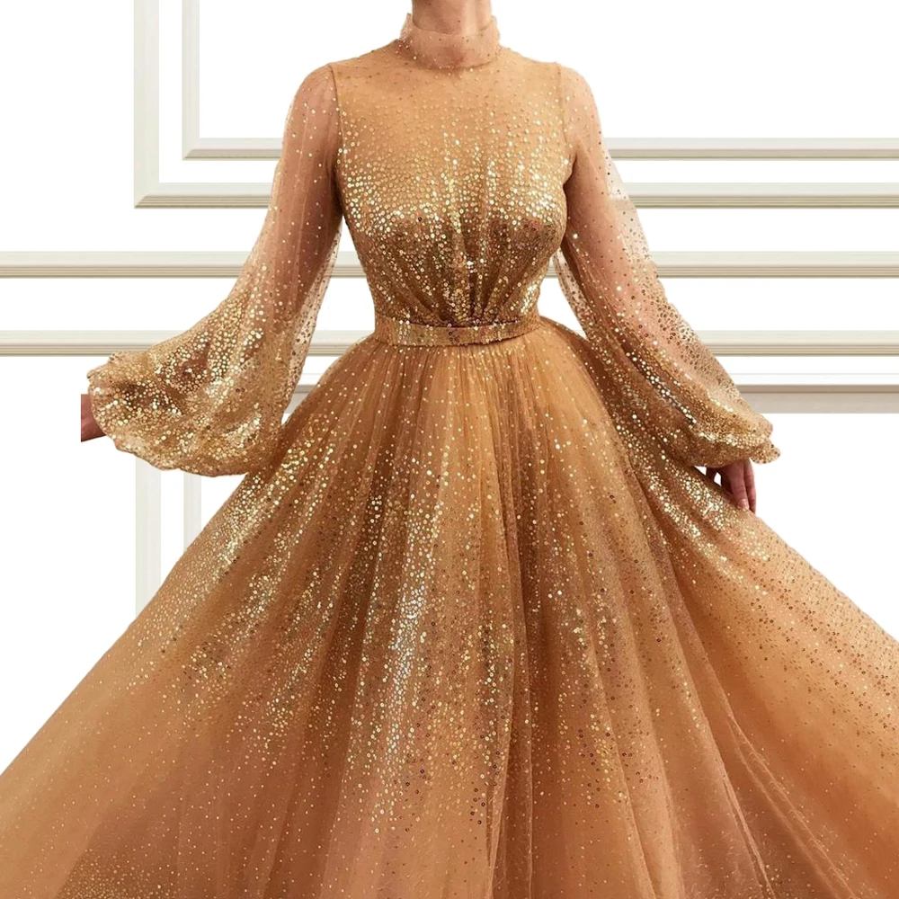 Женское вечернее платье с блестками цвета шампанского трапециевидной формы