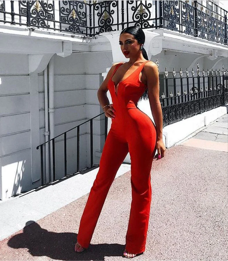 Новый Высокое качество Красный Bodycon бинты комбинезон полной длины Сексуальная