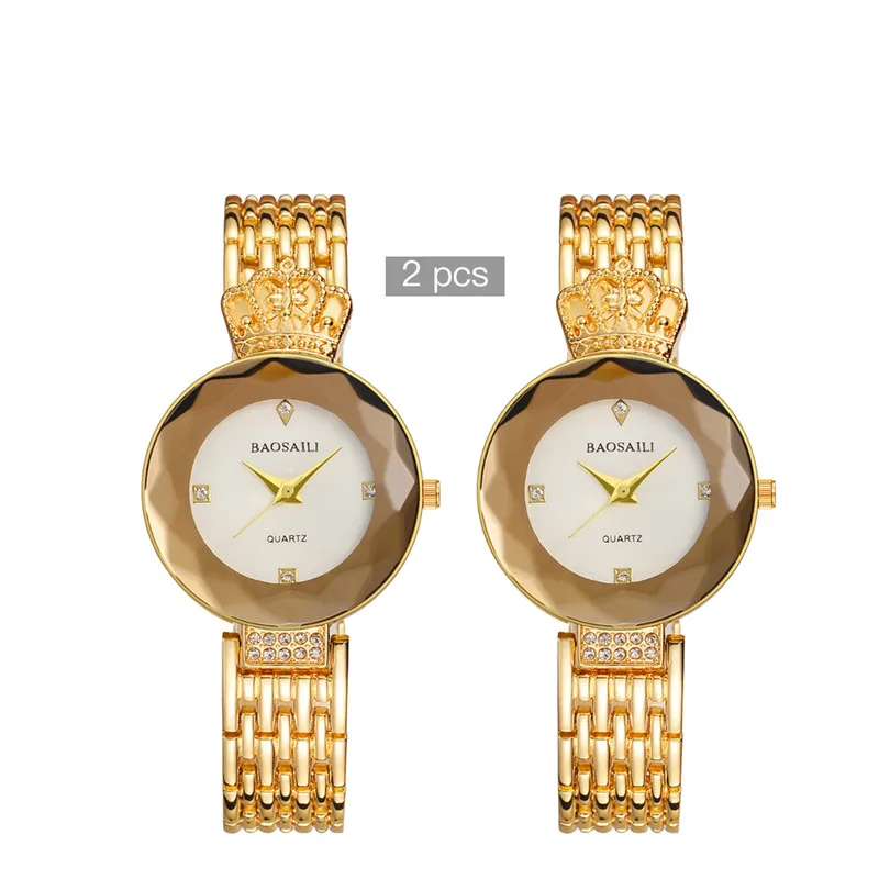 Golden white 2 шт./лот Стразы браслет часы для женщин Роскошные Корона из розового золота Женская одежда кварцевые наручные часы подарки часы Прямая поставка 45 - Цвет: Golden white