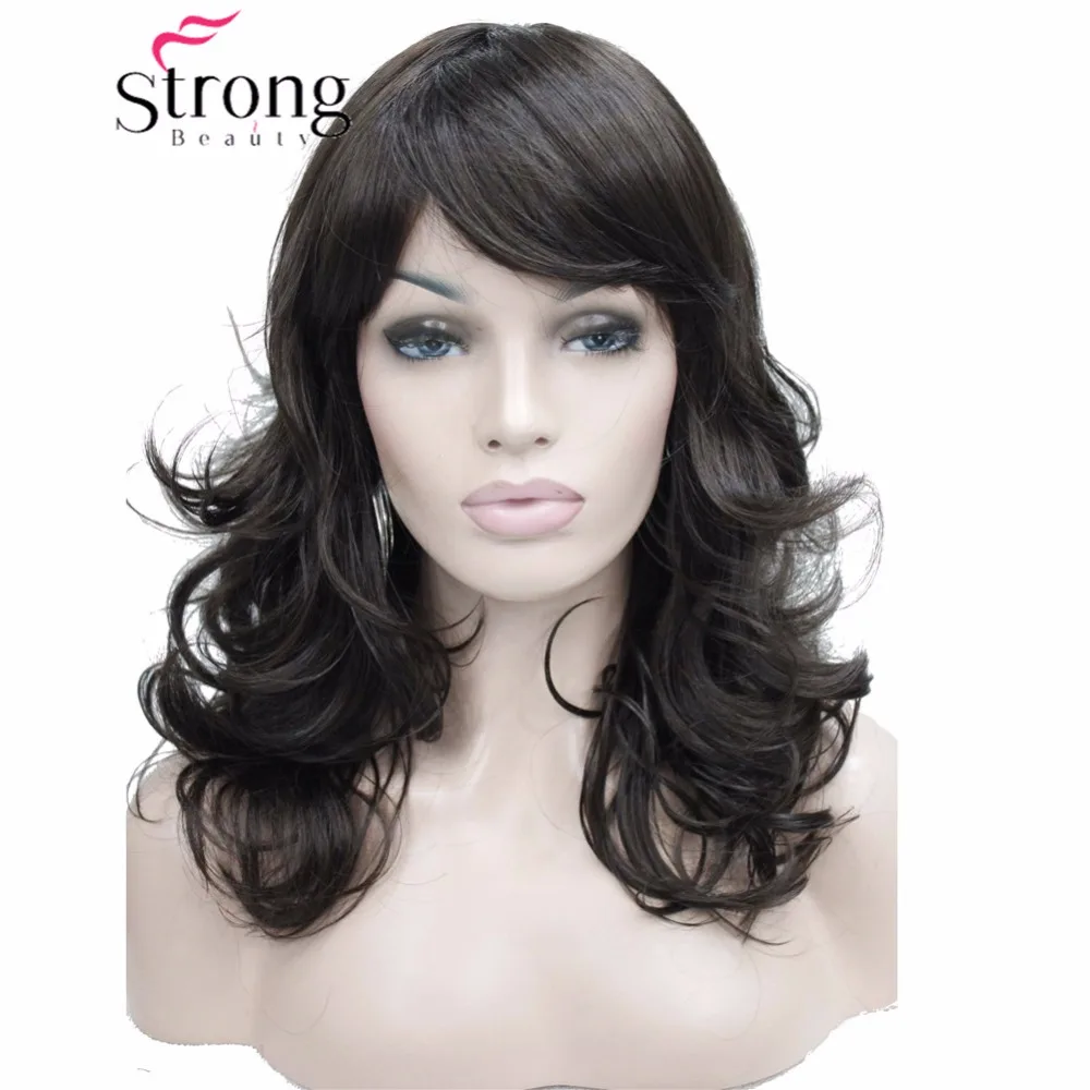 StrongBeauty Волнистые Темно коричневые синтетические парики средней длины женские