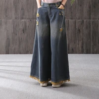 free shipping 2021 fashion wide leg ankle length pants women trousers denim jeans elastic waist casual stripe patchwork pants