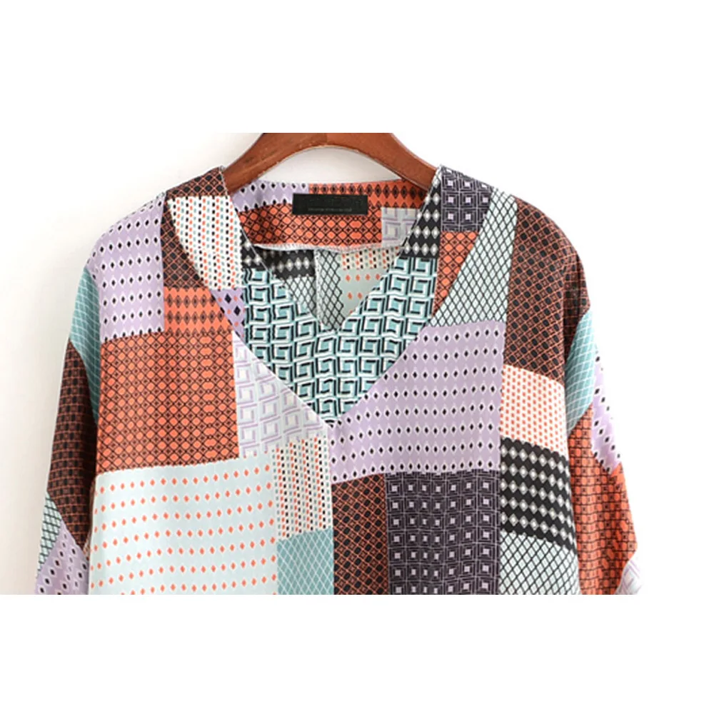 TC 2017 Цвет блок Для женщин блузки Мода v-образным вырезом с длинным рукавом повязку