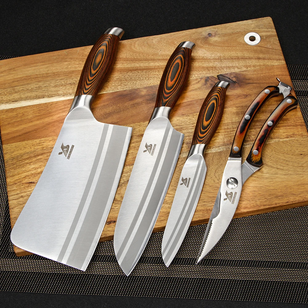 BIGSUNNY 4 Pcs Kitchen Knife Set 7"Chopper 7"Santoku Knife 5"Utility and Kitchen Shears for Easy Cutting& Slicing Multipurpose