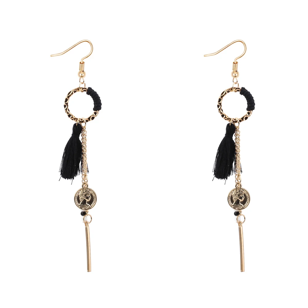 Human Head Coin Long Drop Dangling Charm Earrings Circle Design Tassel Bohemian Jewelry Accessories For Her 5 Colors | Украшения и