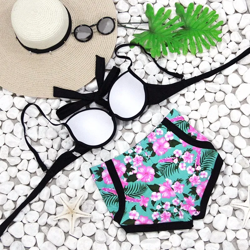 Купальный костюм с высокой талией 2019 бикини женская одежда для плавания принт