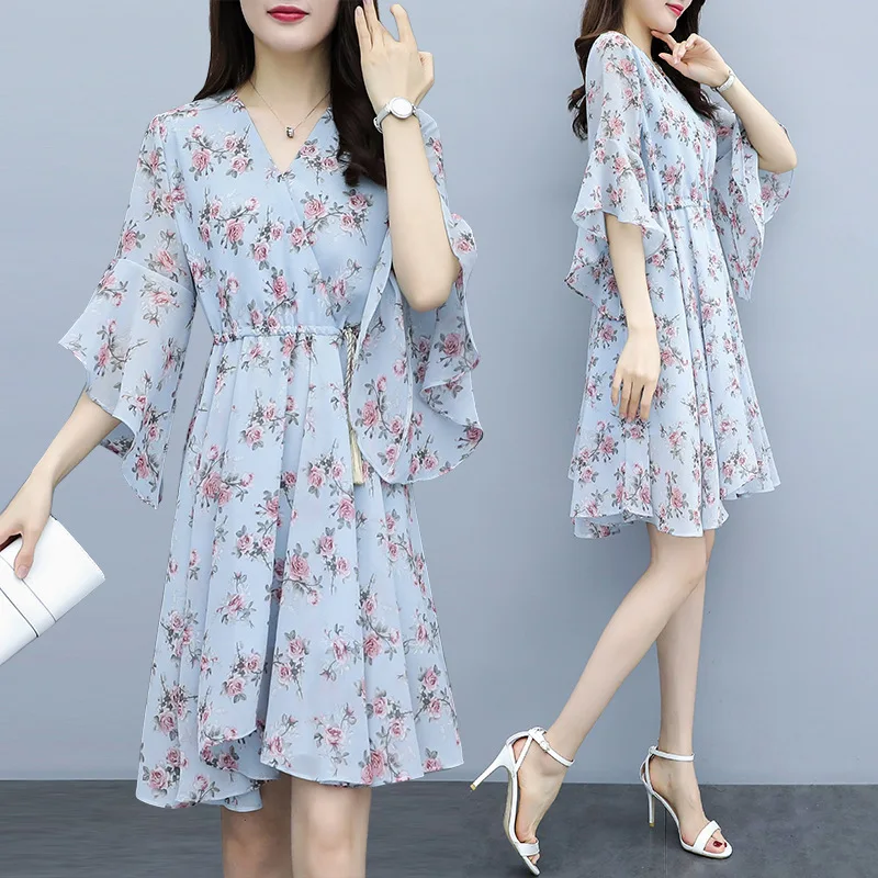 Женское шифоновое платье с V образным вырезом и рукавом бабочкой|Женские платья| |