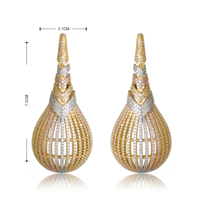 MECHOSEN Luxury Large Copper Drop Earrings For Women 3 Tones Plated Cubic Zirconia Earring Pendientes Mujer Moda Wedding Jewelry | Украшения