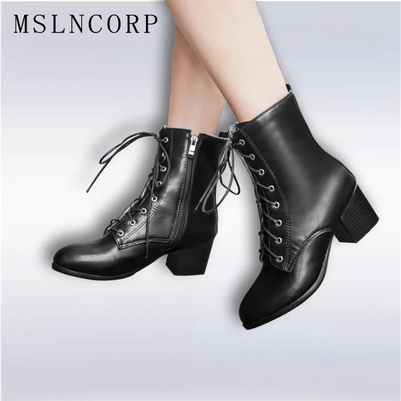 Женские ботинки на шнуровке кожаные высоком квадратном каблуке размеры 34 45 Осень