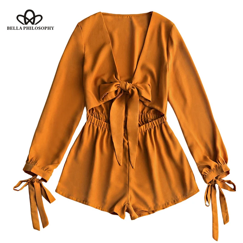 Bella Philosophy summer bow tie women sexy jumpsuit lace up sleeves female playsuit beach ladies rompers | Женская одежда
