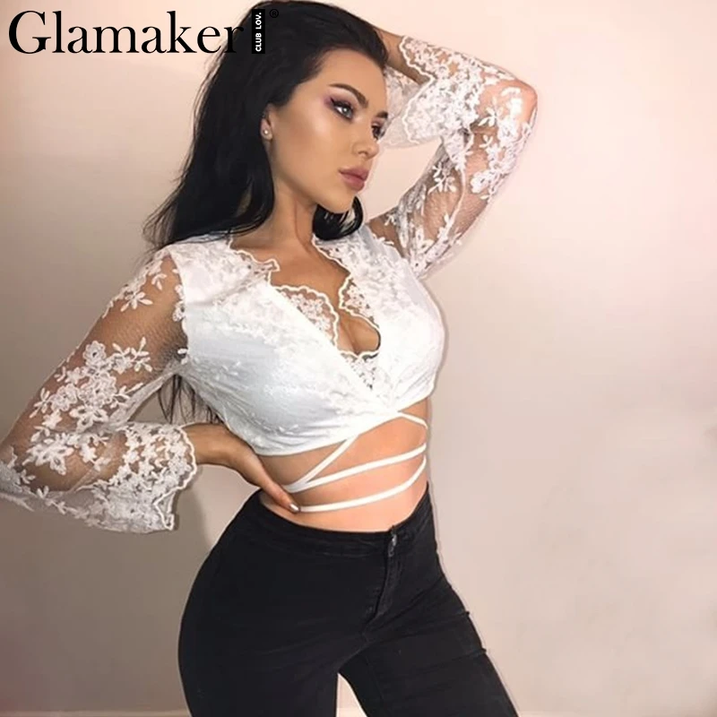 Женская блузка с цветочной вышивкой Glamaker элегантная Прозрачная кружевная v
