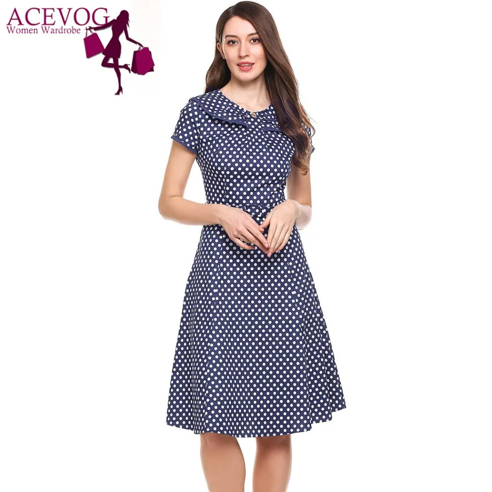 Женское плиссированное платье ACEVOG винтажное трапециевидной формы в горошек с