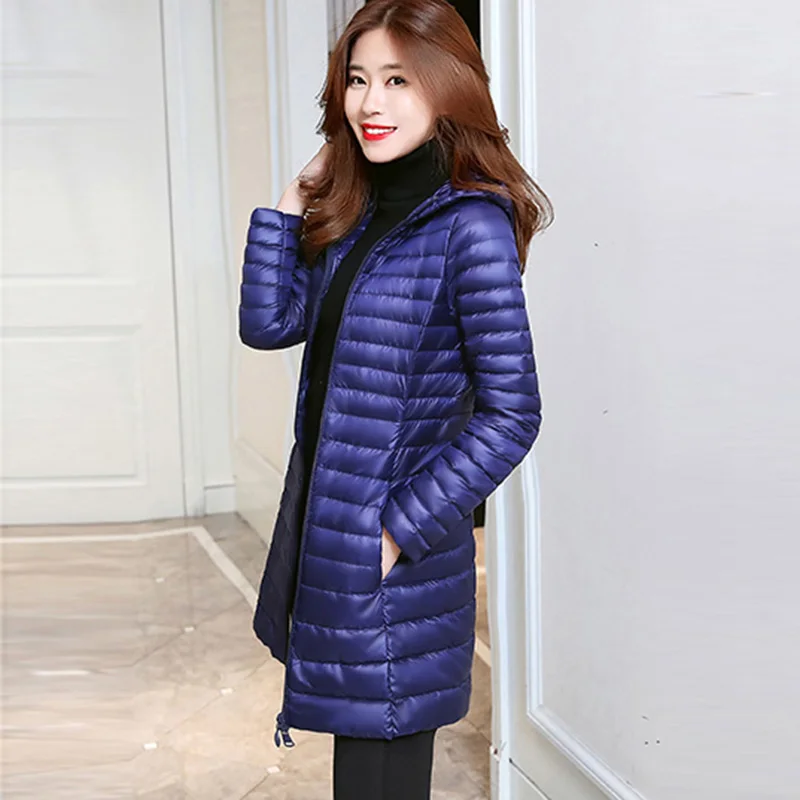 Женский длинный пуховик с капюшоном легкий тонкий белого утиного пуха верхняя