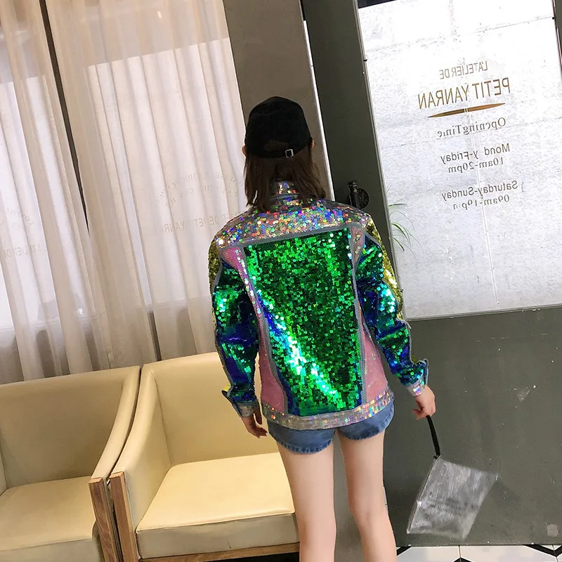 7 Манг 2019 женская уличная панк джинсовая куртка контрастный цвет блесток