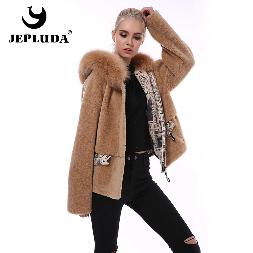 

JEPLUDA New Short Real Fur Coat Women 100% Natural Wool Blends Teddy Bear Coat Real Fox Fur Hooded Warm Real Sheep Fur Jacket