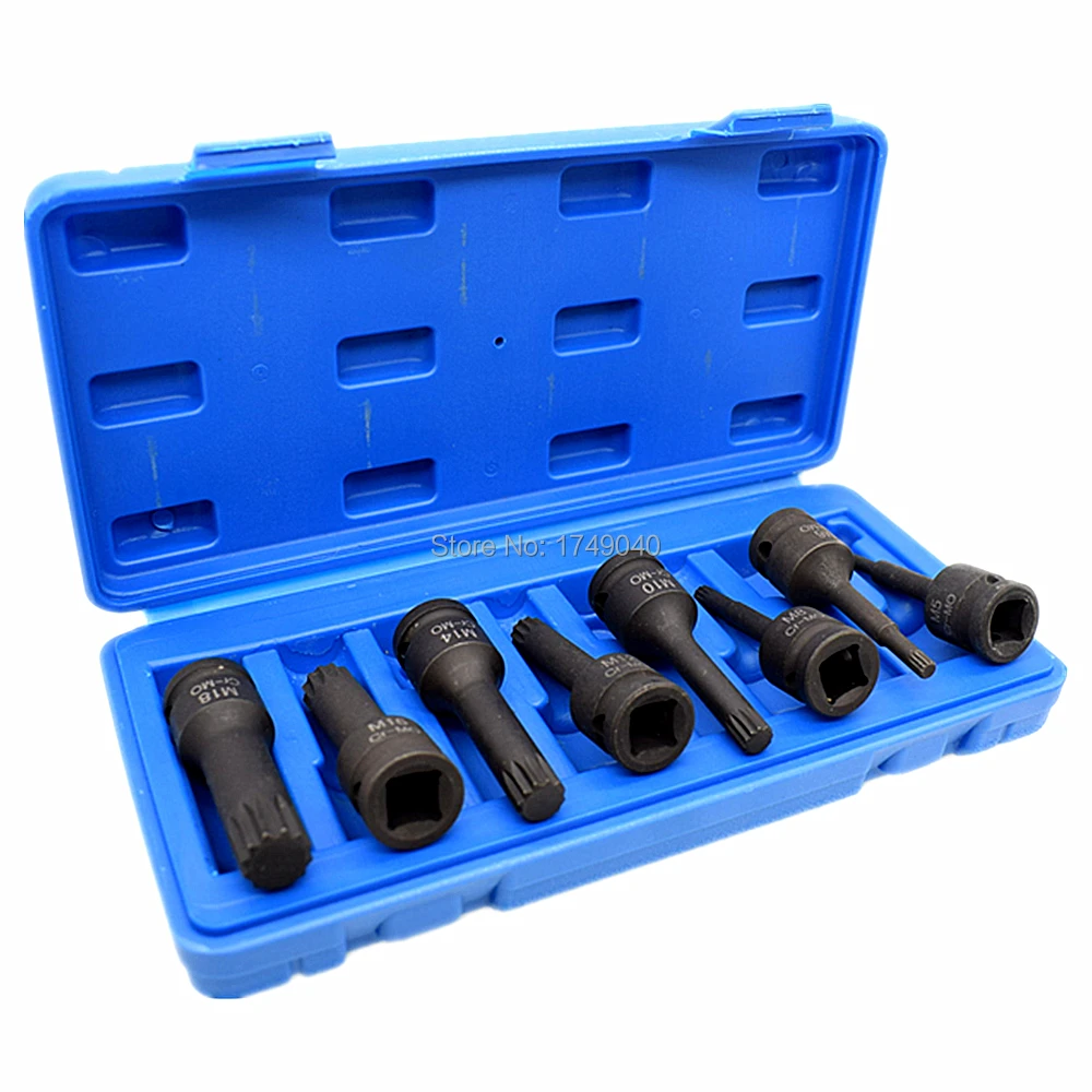 

1/2" Square Drive Impact Socket Bit 8 Piece Set M5 M6 M8 M10 M12 M14 M16 M18 CR-MO 12 point Spline Bit Socket Screwdriver Tools