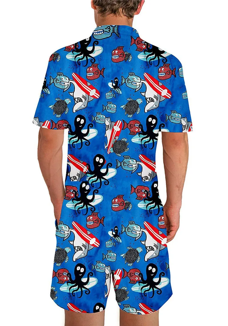 Men 3D Graphic One Piece Romper Men Casual Zipper Short Sleeve Summer Jumpsuit With Pocket Leopard Print Summer Beach Set