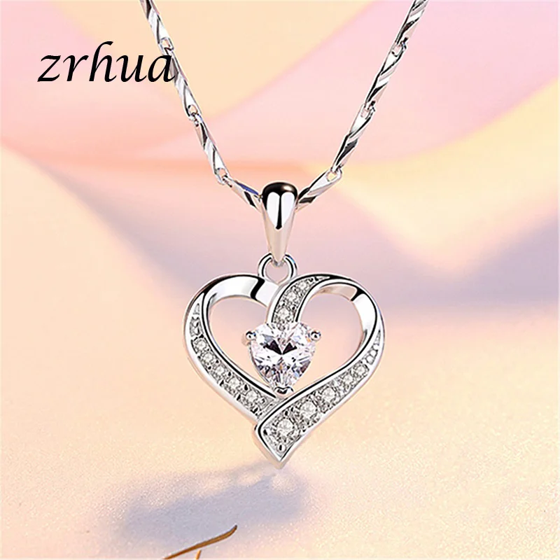 ZRHUA 925 пробы, серебряное ожерелье, цепочка, циркониевое сердце, подвески, ожерелье s для женщин, колье, высокое качество, свадебные ювелирные изделия
