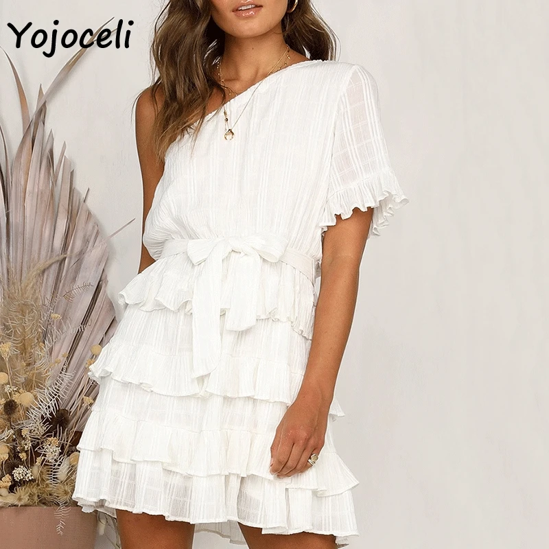 Платье Yojoceli женское мини-платье на одно плечо с оборками и бантом лето 2019 |