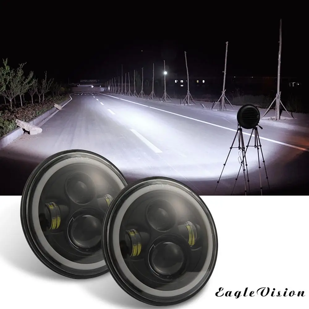 

2x 7" LED Headlights High Low Beam LED H4 Halo Angel Eye DRL Ice Blue Turn Signal for Jeep Wrangler JK TJ Land Rover For Harley