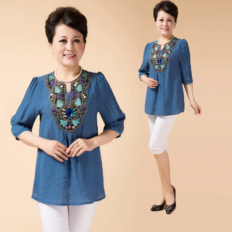 

Women's Chiffon Shirt Tops Flower Embroidery Blouses Blouse Trendy Women 5 points Sleeve Casual Side Split Shirt Top
