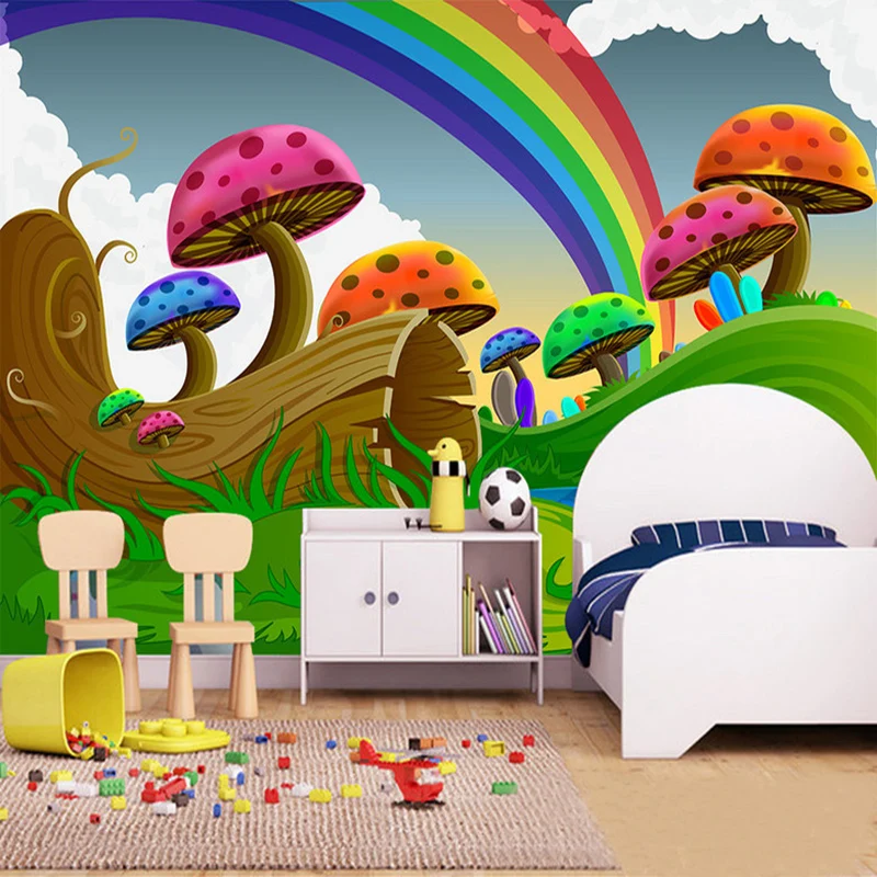 

3D Cartoon Cute Mushroom Rainbow Mural Wallpaper Children's Room Eco-Friendly Background Wall Covering Mural Papel De Parede 3 D