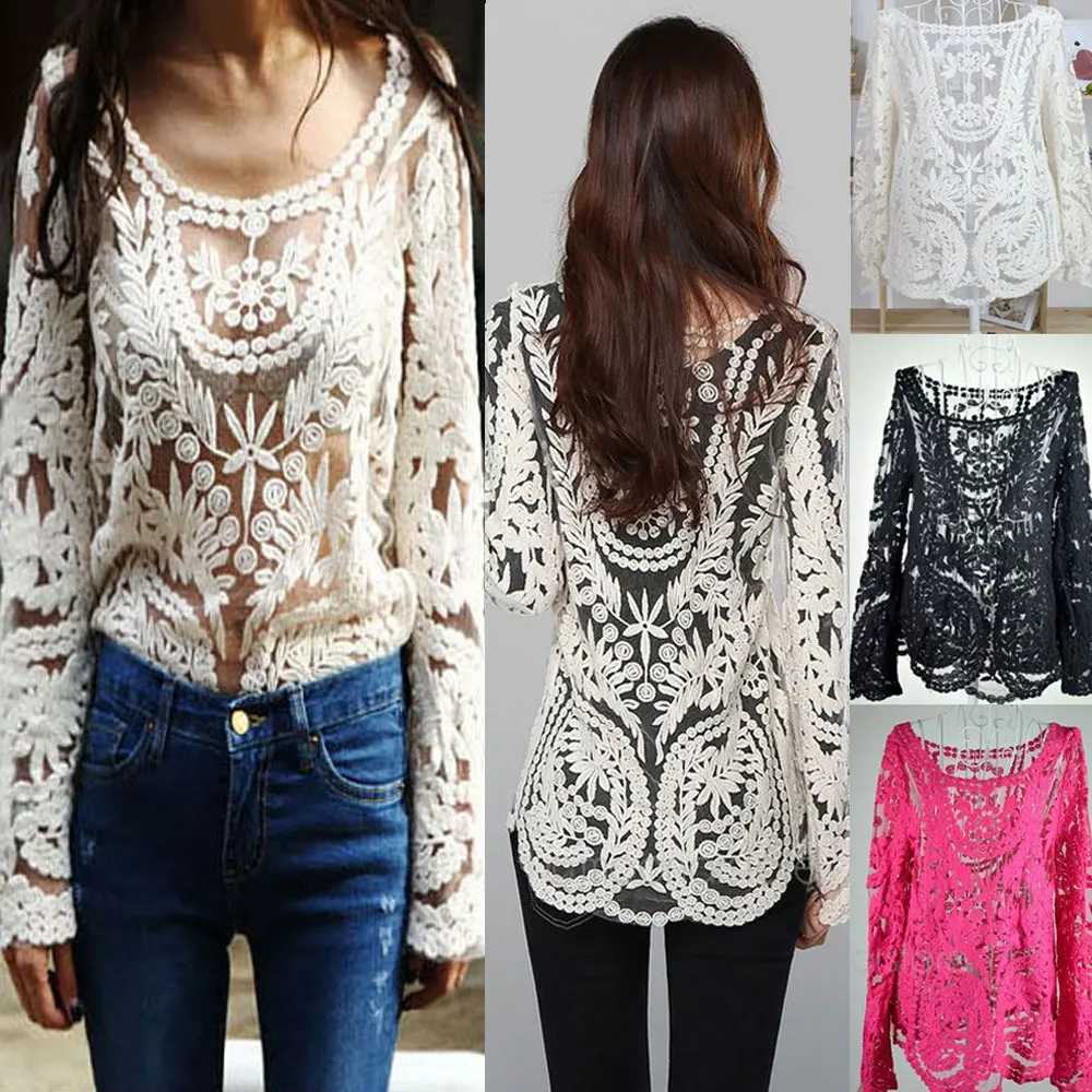 Blusas Femininas, женская сексуальная Кружевная блуза с длинным рукавом, топы, модные Ажурные вязаные топы