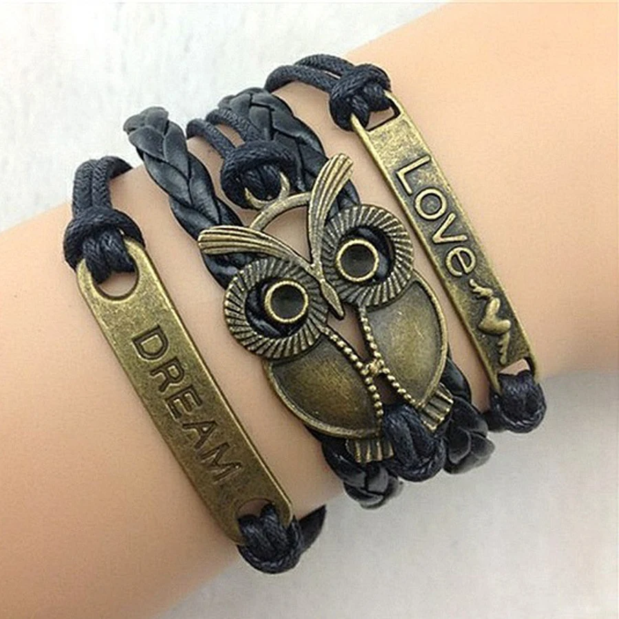 

Charm Vintage Multilayer Braided Bracelets for Women Owl Magic Eye Dragon Wings Anchor Infinity Leather Bracelet Bangle FS101