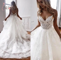 robe de mariee boho lace wedding dresses sexy v neck backless spaghetti starps bohemian appliqued train bridal gowns
