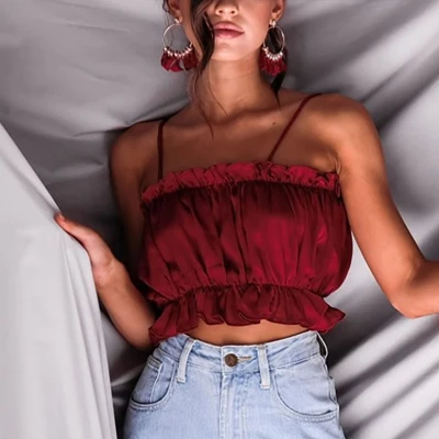 Red wine Women Sexy Backless Ruffle Cold shoulder cami tank top Summer Black Crop top chemise Ladies Elegant Sleeveless Tops - Цвет: Red wine