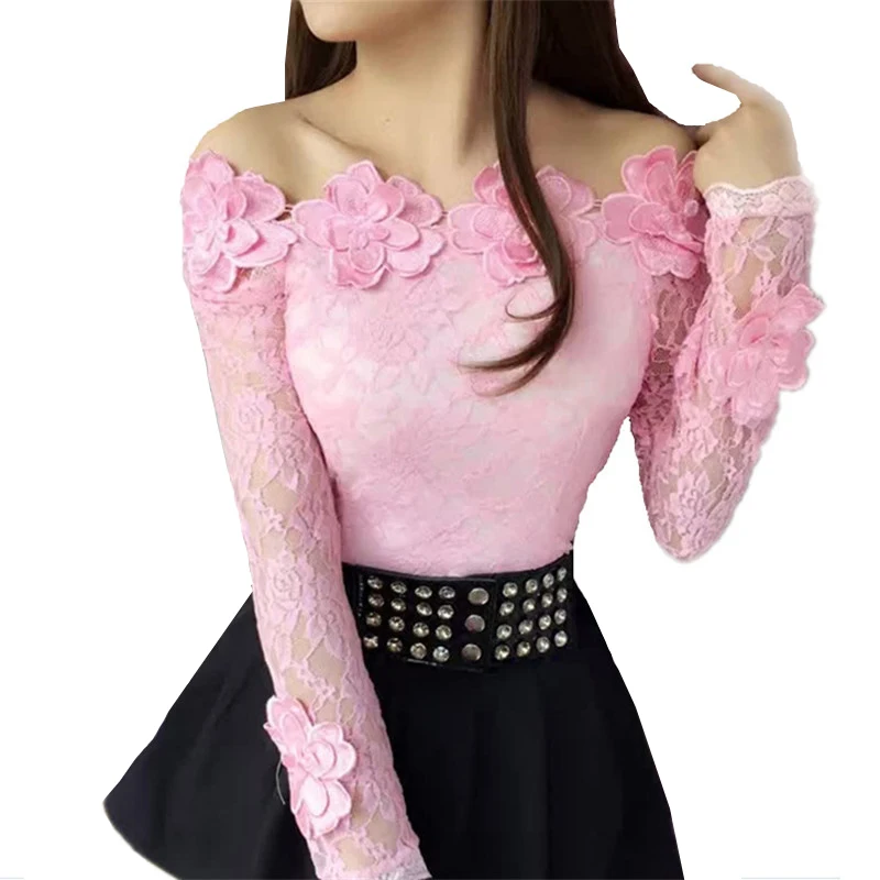 Женская кружевная блузка с открытыми плечами сетчатая цветочным принтом