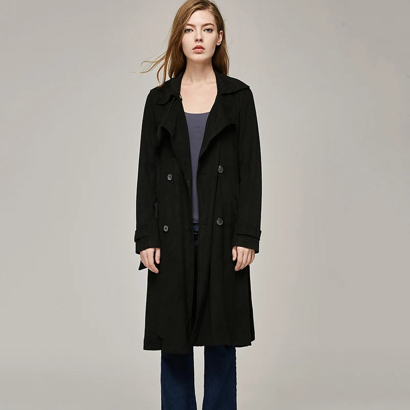 Осеннее Женское пальто ESCALIER длинное облегающее замшевое с поясом и отложным