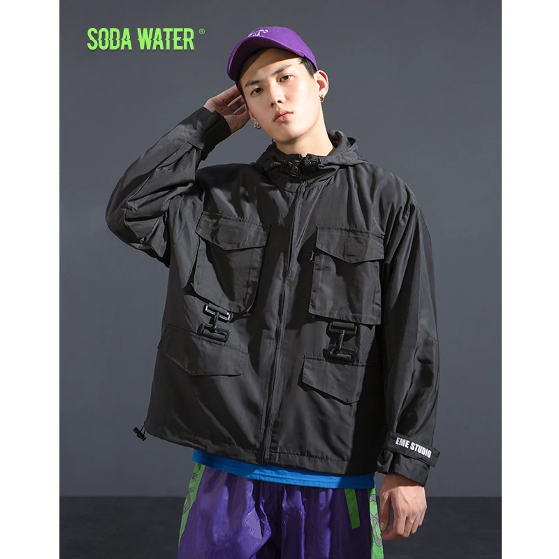 SODA WATER свободный крой карман тонкая куртка уличная хип-хоп с капюшоном ветровка