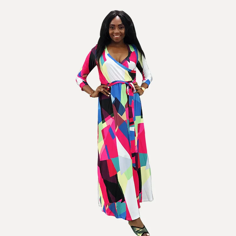 

Plus Size 5XL African Clothes Multicolor Printed Maxi Dress Women Deep V-Neck Belt Long Dress Robe Sundress Beach S-5XL