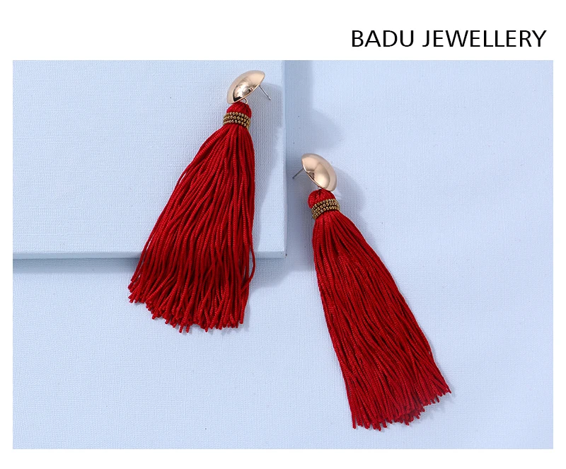 Badu, красные серьги с кисточками, женские длинные золотые серьги-гвоздики с бахромой, богемный стиль, модные ювелирные изделия, винтажные, Преувеличенные, для Рождества